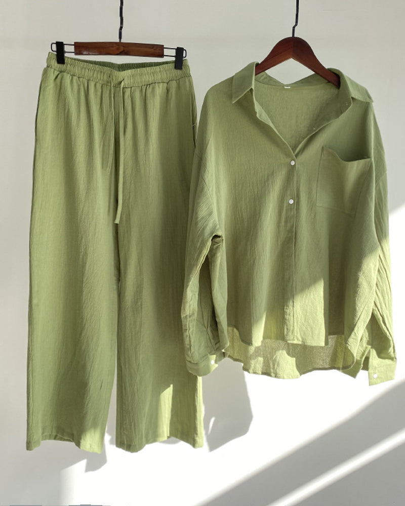 Two-piece solid color set with shirt and pants