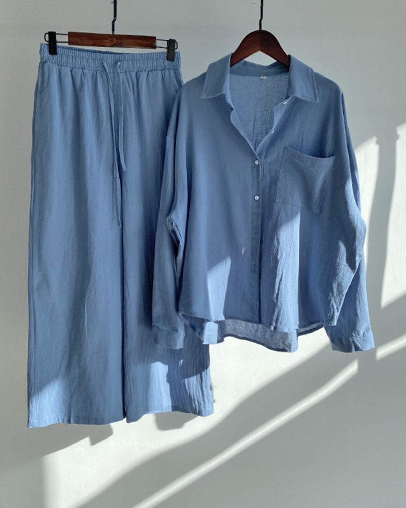 Two-piece solid color set with shirt and pants