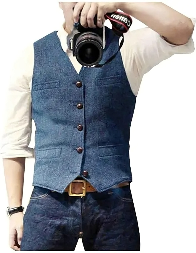 V-neck denim blazer vest for men