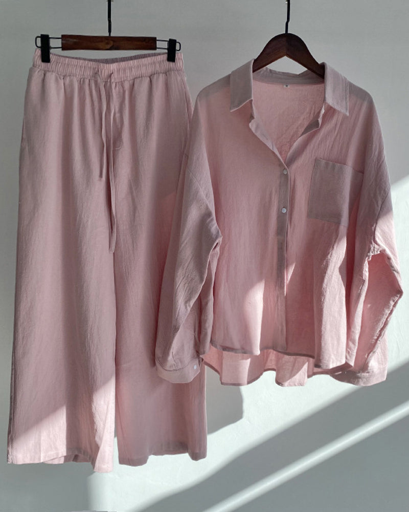 Two-piece solid color set with shirt and pants