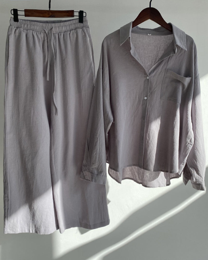 Two-piece solid color set with shirt and pants