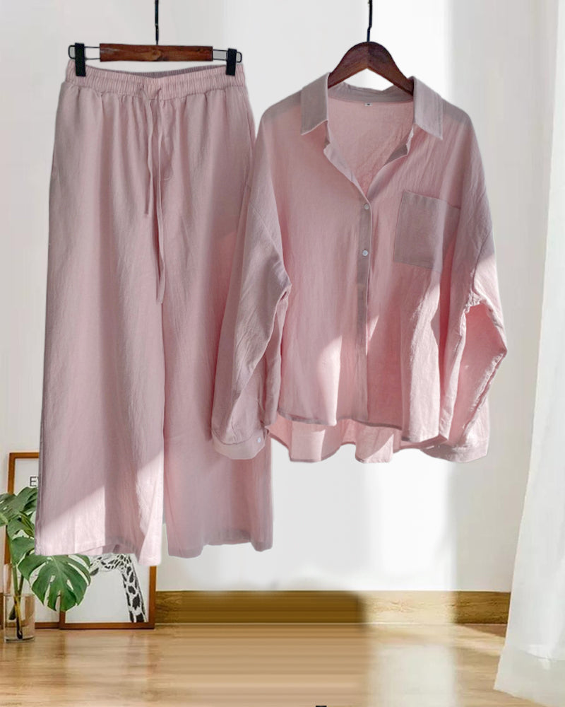 Two-piece solid color set with shirt and pants