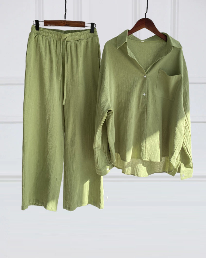 Two-piece solid color set with shirt and pants