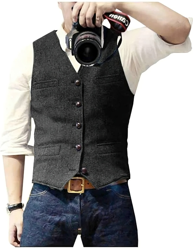 V-neck denim blazer vest for men