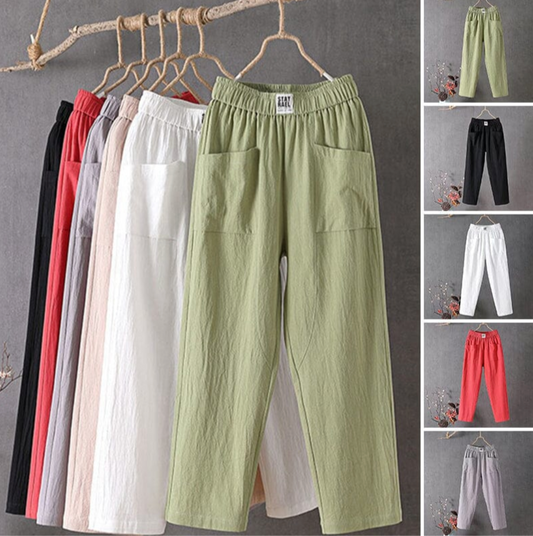 KLARA - Casual trousers made of cotton and linen with an elastic waistband