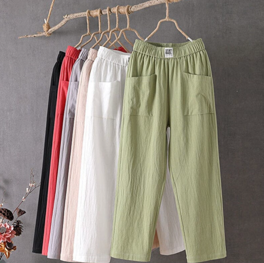 KLARA - Casual trousers made of cotton and linen with an elastic waistband