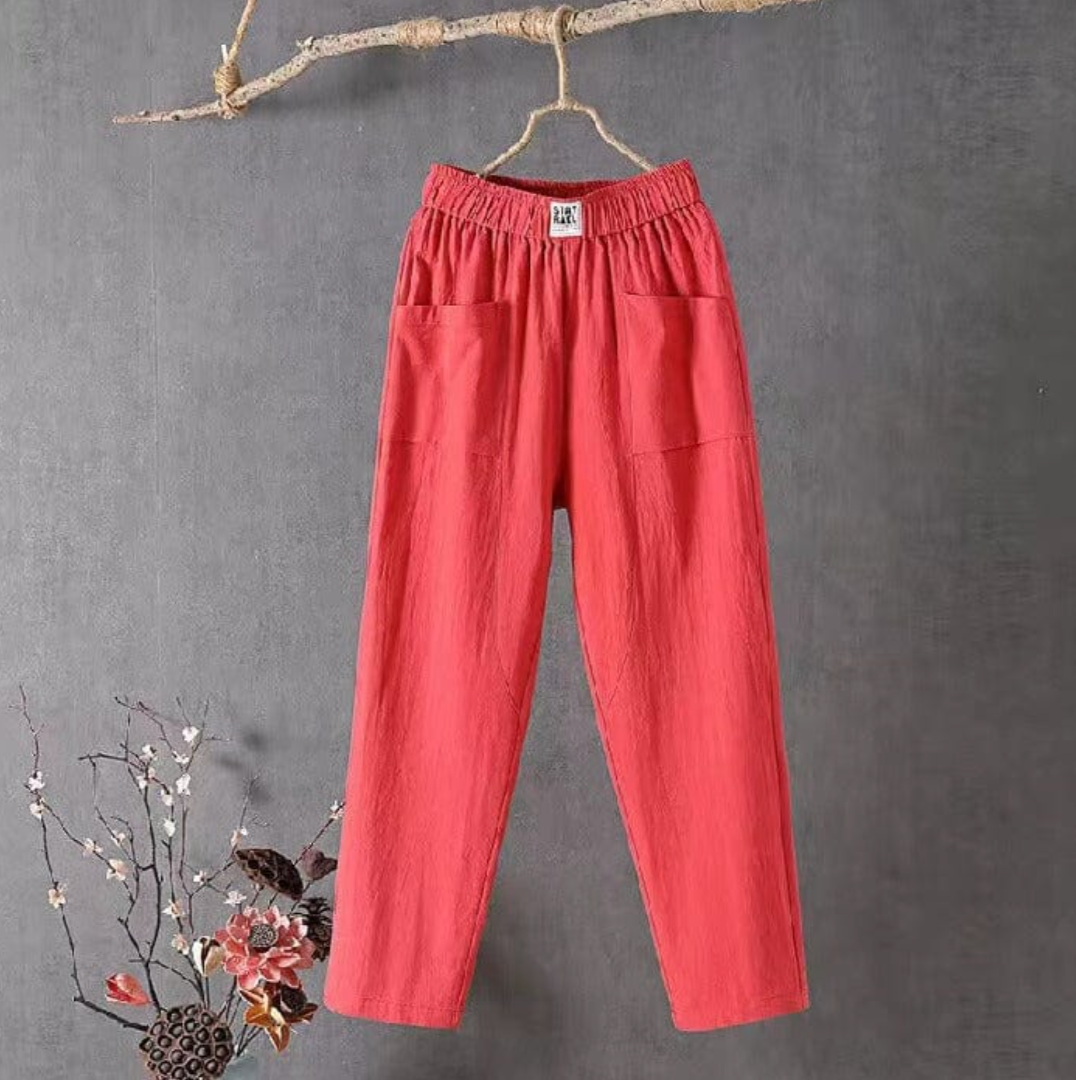 KLARA - Casual trousers made of cotton and linen with an elastic waistband