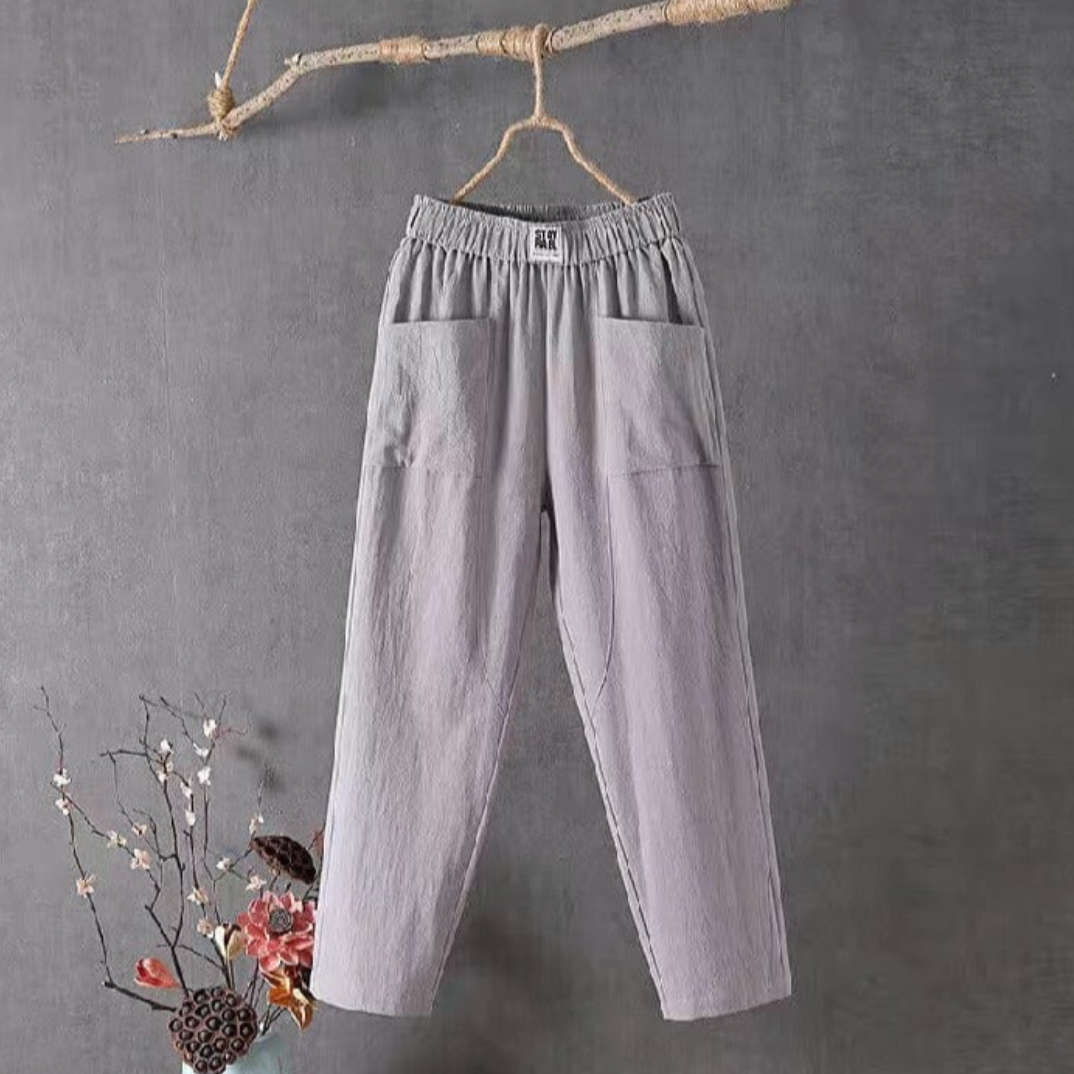 KLARA - Casual trousers made of cotton and linen with an elastic waistband