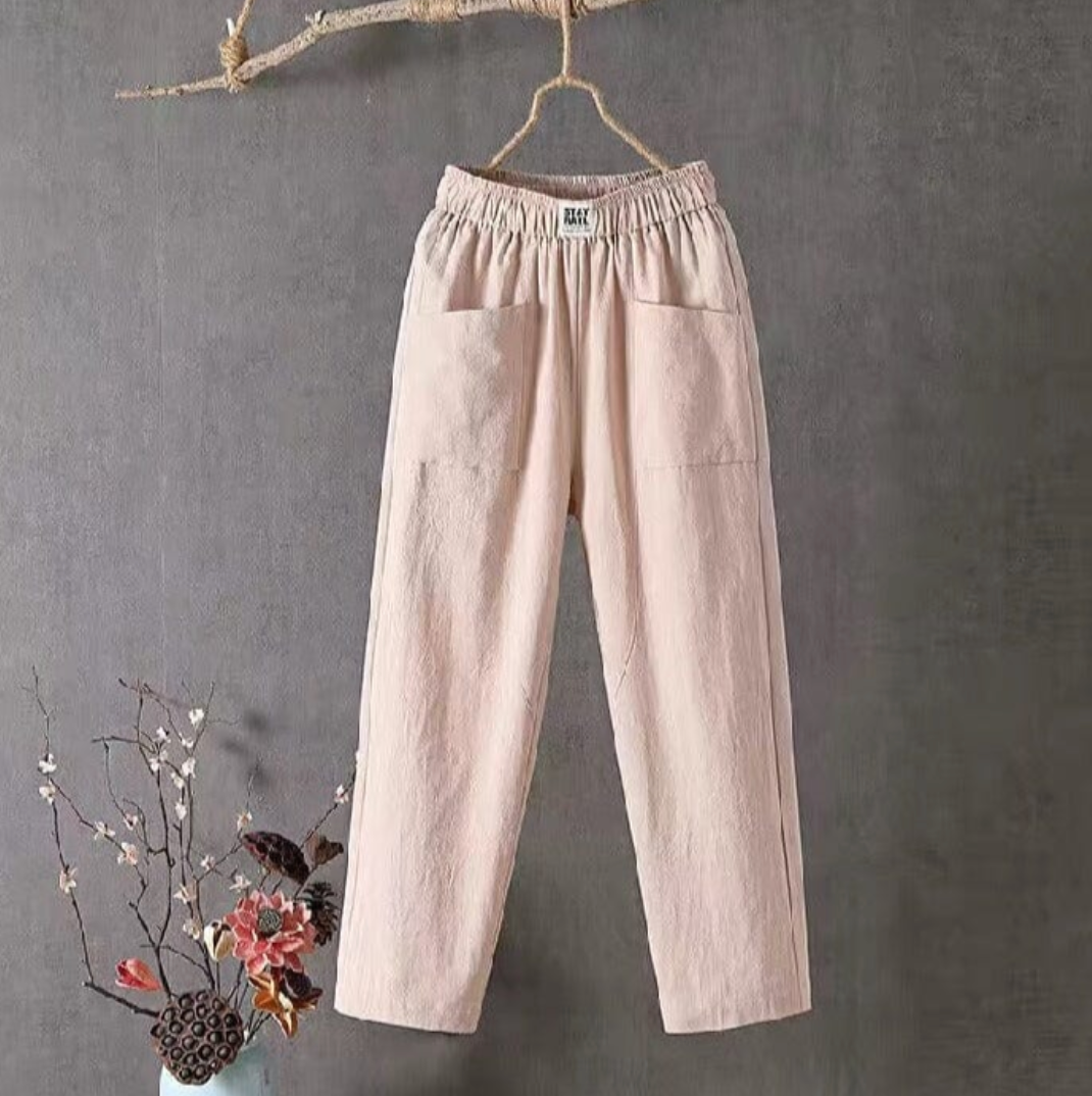 KLARA - Casual trousers made of cotton and linen with an elastic waistband