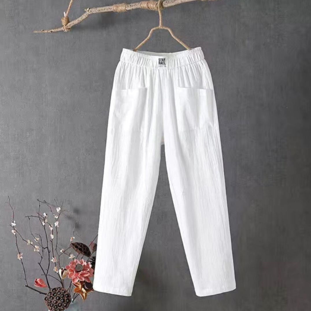 KLARA - Casual trousers made of cotton and linen with an elastic waistband