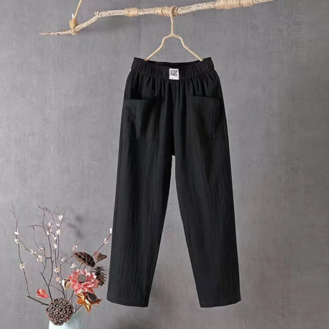 KLARA - Casual trousers made of cotton and linen with an elastic waistband