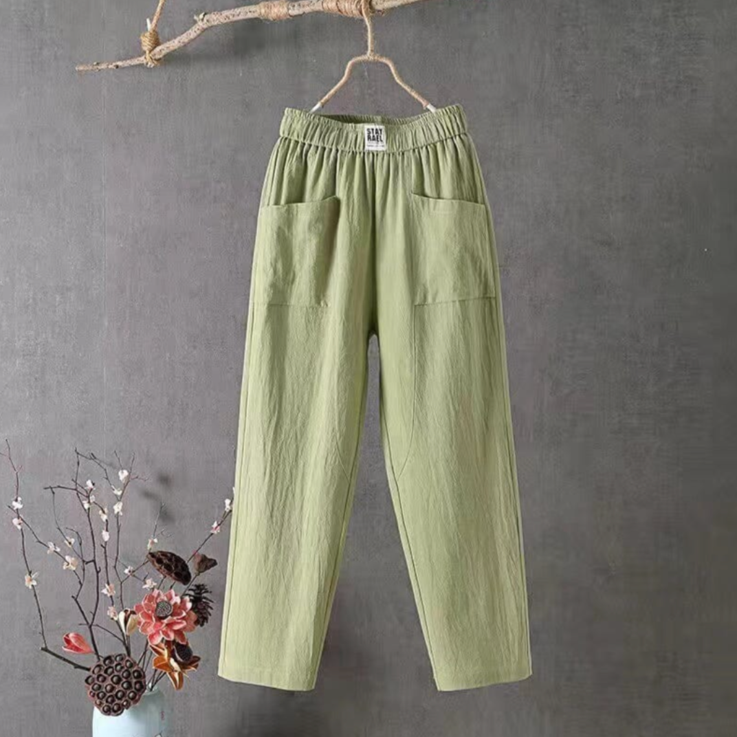 KLARA - Casual trousers made of cotton and linen with an elastic waistband