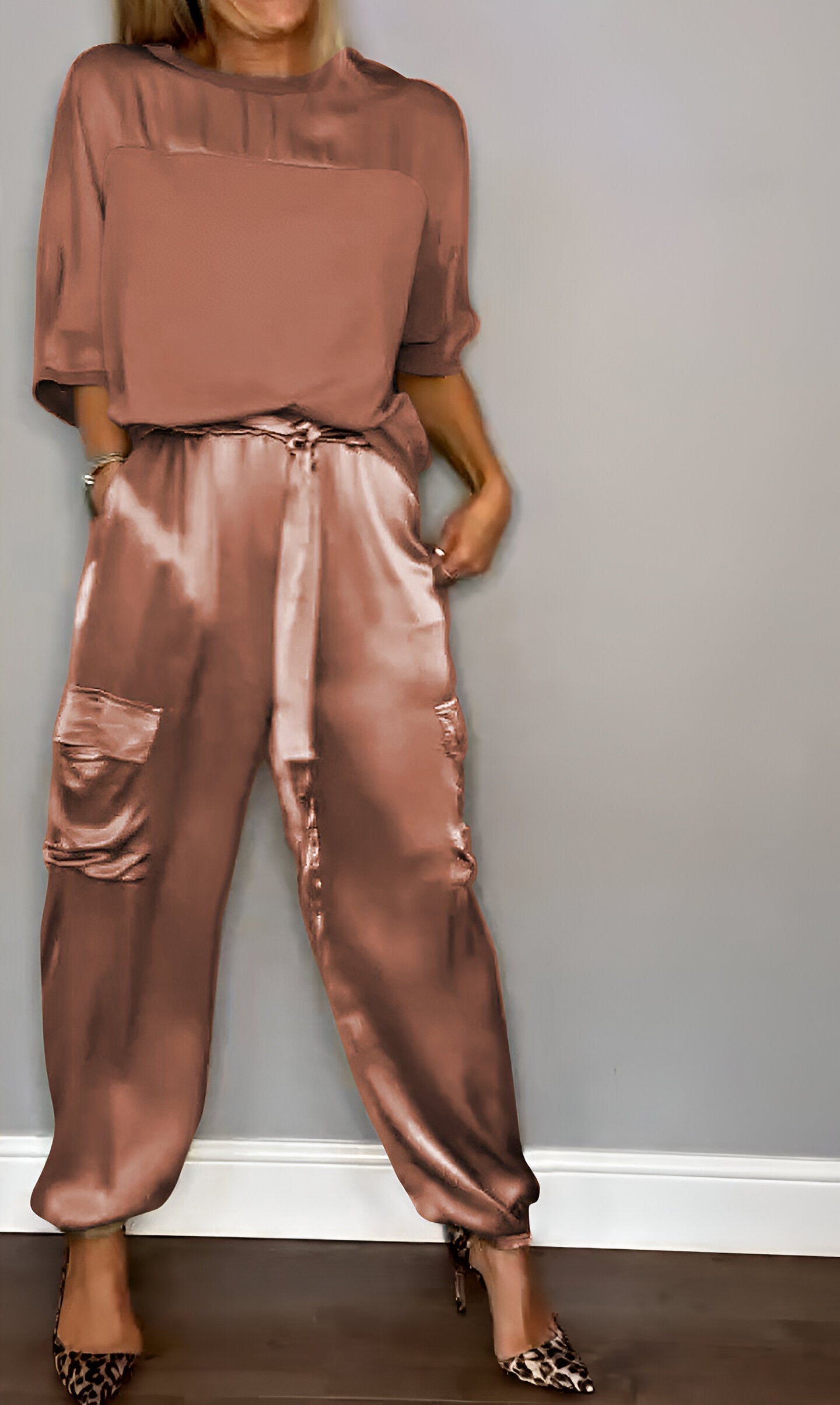 Silkease™ - two-piece half sleeve top and pants suit