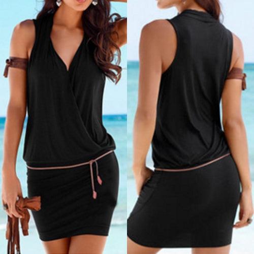 Marisa - dress with v-neck sleeveless plain color and waistband